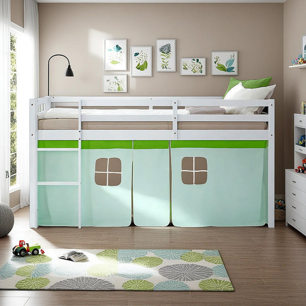 Hochbett Kinder 90x200 cm Weiss mit Vorhang in Grün | ohne Lattenrost