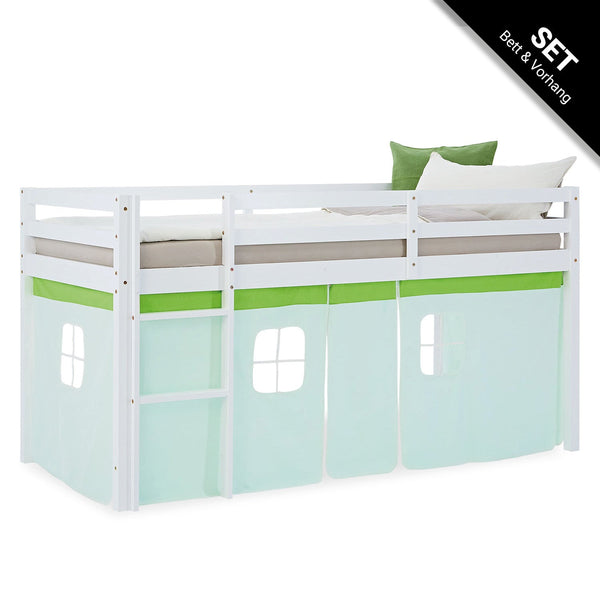 Hochbett Kinder 90x200 cm Weiss mit Vorhang in Grün | ohne Lattenrost