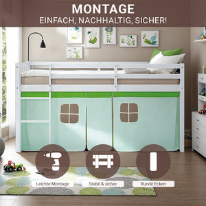 Hochbett Kinder 90x200 cm Weiss mit Vorhang in Grün | ohne Lattenrost