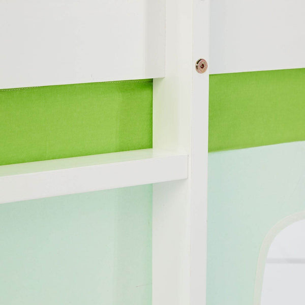 Hochbett Kinder 90x200 cm Weiss mit Vorhang in Grün | Tunnel | mit Lattenrost und Matratze