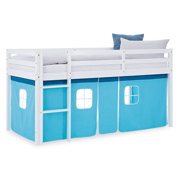 Hochbett Kinder 90x200 cm Weiss mit Vorhang in Blau | ohne Lattenrost