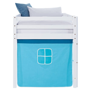 Hochbett Kinder 90x200 cm Weiss mit Vorhang in Blau | ohne Lattenrost