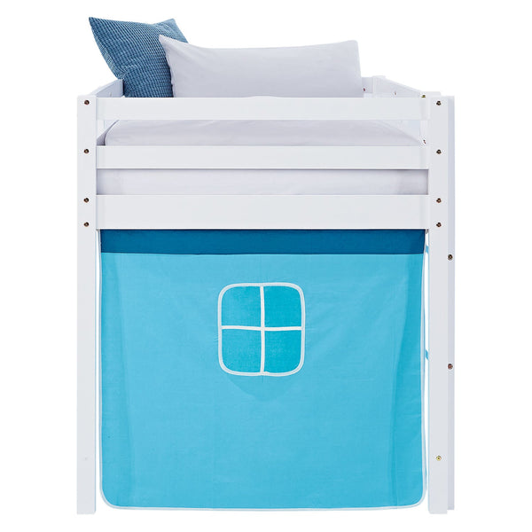 Hochbett Kinder 90x200 cm Weiss mit Vorhang in Blau | ohne Lattenrost