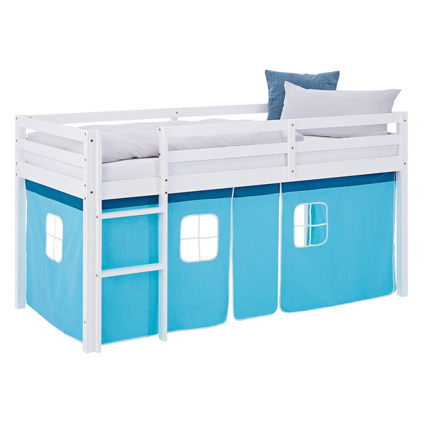 Hochbett Kinder 90x200 cm Weiss mit Vorhang in Blau | ohne Lattenrost