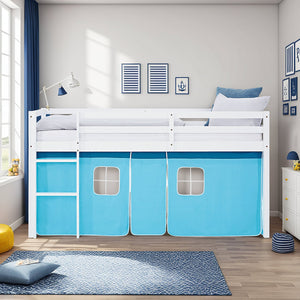 Hochbett Kinder 90x200 cm Weiss mit Vorhang in Blau | ohne Lattenrost