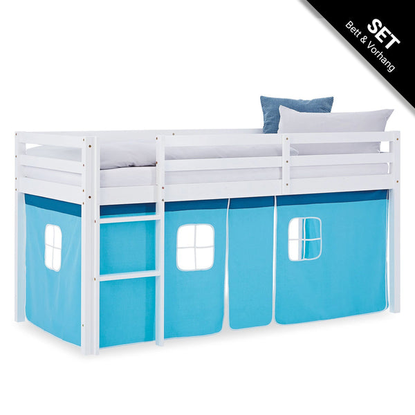 Hochbett Kinder 90x200 cm Weiss mit Vorhang in Blau | ohne Lattenrost