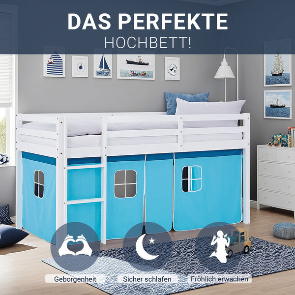Hochbett Kinder 90x200 cm Weiss mit Vorhang in Blau | ohne Lattenrost