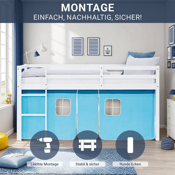Hochbett Kinder 90x200 cm Weiss mit Vorhang in Blau | ohne Lattenrost