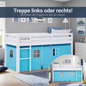 Hochbett Kinder 90x200 cm Weiss mit Vorhang in Blau | ohne Lattenrost