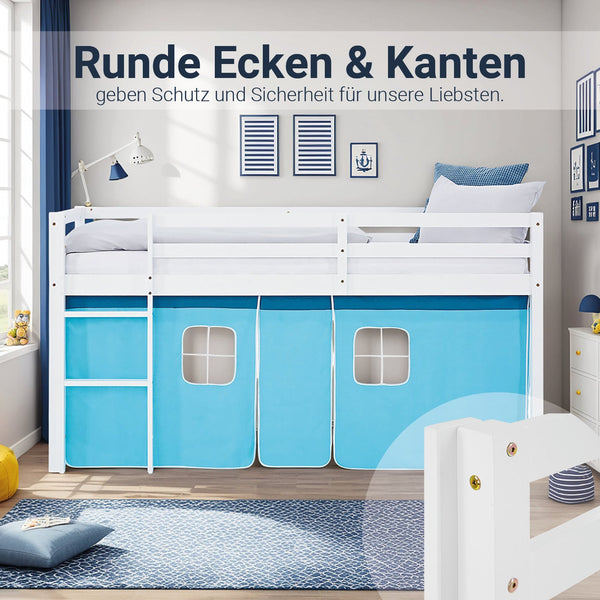 Hochbett Kinder 90x200 cm Weiss mit Vorhang in Blau | ohne Lattenrost