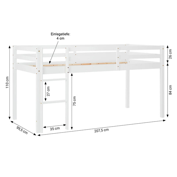 Hochbett Kinder 90x200 cm Weiss mit Vorhang in Blau | Tunnel | ohne Lattenrost