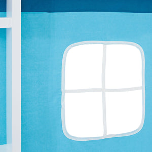 Hochbett Kinder 90x200 cm Weiss mit Vorhang in Blau | Tunnel | ohne Lattenrost