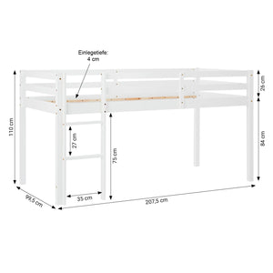 Hochbett Kinder 90x200 cm Weiss mit Vorhang in Blau | Tunnel | mit Lattenrost und Matratze