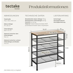 Schuhregal Bournemouth Industrial Holz hell, Eiche Sonoma 75,5 x 30,5 x 85,5 cm