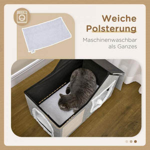 Katzenhaus mit Kratzfläche, inkl. Spielball, Katzenhöhle, Braun + Weiss + Beige