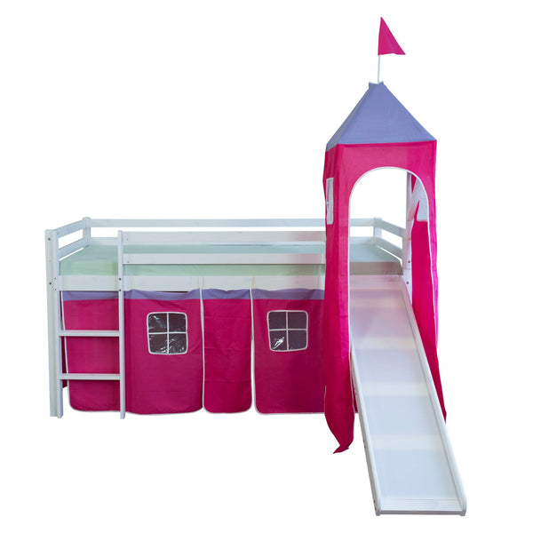 Hochbett Kinder 90x200 cm Weiss mit Vorhang in Pink | Turm | Rutsche | ohne Lattenrost