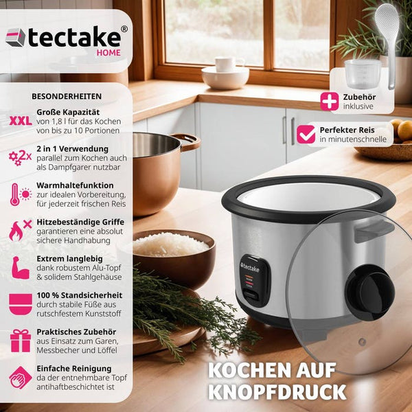 Reiskocher mit Dampfgareinsatz, 1,8 l, Warmhaltefunktion
