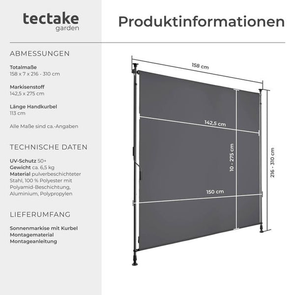 Klemmmarkise Taija dunkelgrau 150 x 310 cm