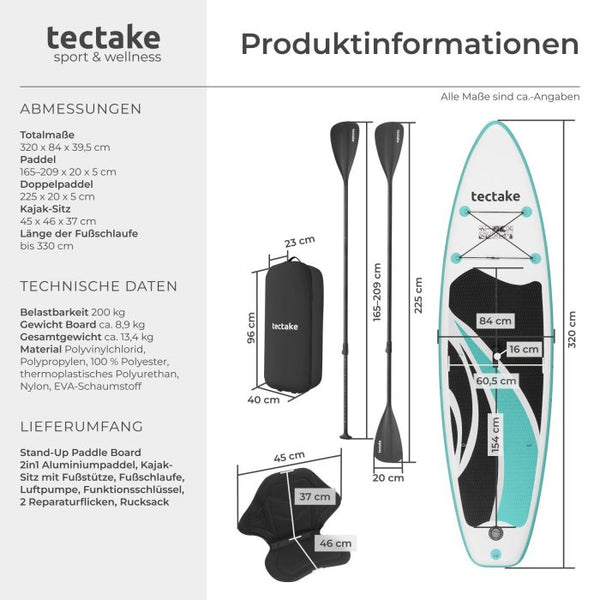 Stand-Up Paddle Board 2in1 Zenon weiss/türkis 320 cm ohne Kamerahalterung