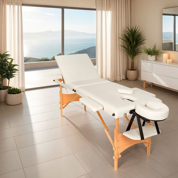 3 Zonen Massageliege mit Polsterung und Holzgestell beige