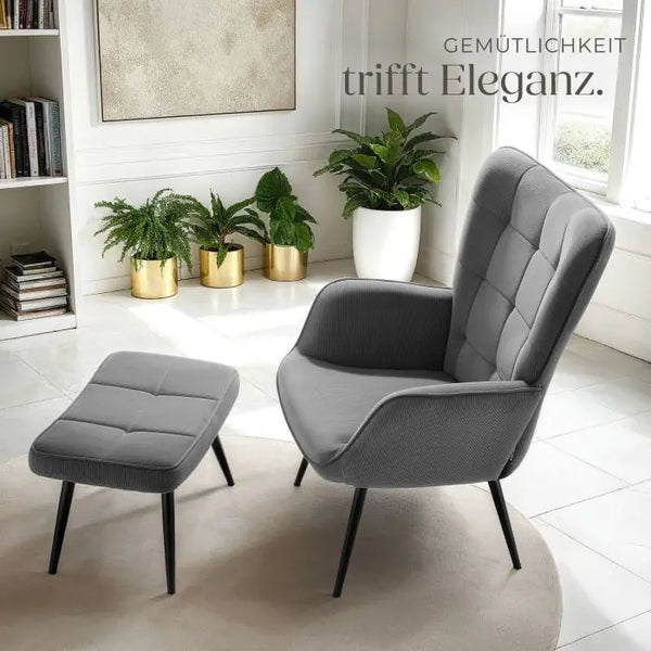 Sessel Hygge mit Hocker Feincord anthrazit/schwarz