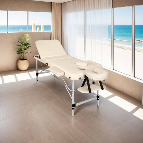 3 Zonen Massageliege mit 5cm Polsterung und Aluminiumgestell beige
