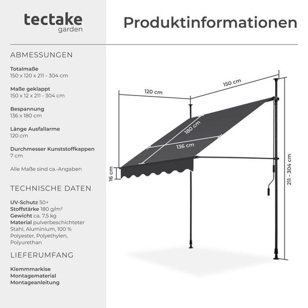 Klemmmarkise schwarz/grau 150 x 180 cm