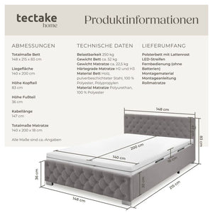 Bettset Polsterbett mit LED und Matratze Samtoptik dunkelgrau 140 x 200 cm