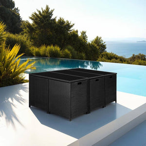 Rattan Sitzgruppe Malaga 6+4+1 mit Schutzhülle - schwarz/grau