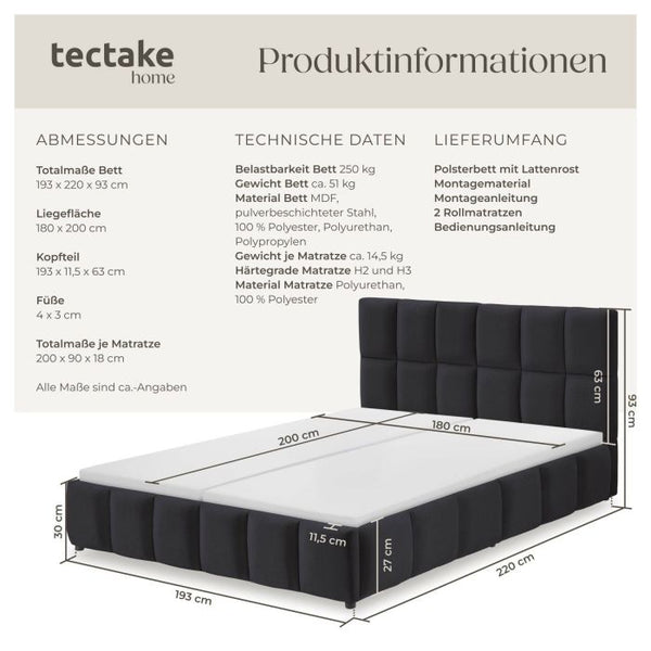 Bettset Polsterbett mit Matratze Samtoptik schwarz 180 x 200 cm