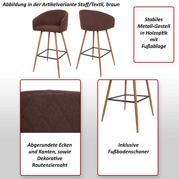 2er-Set Barhocker JAM-D72 Küchenhocker Holzoptik Samt grau