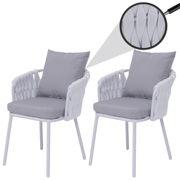 2er-Set Aluminium-Gartenstühle mit Seilgeflecht hellgrau