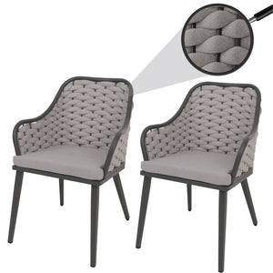 2er-Set Aluminium-Gartenstuhl mit Seilgeflecht Kissen hellgrau