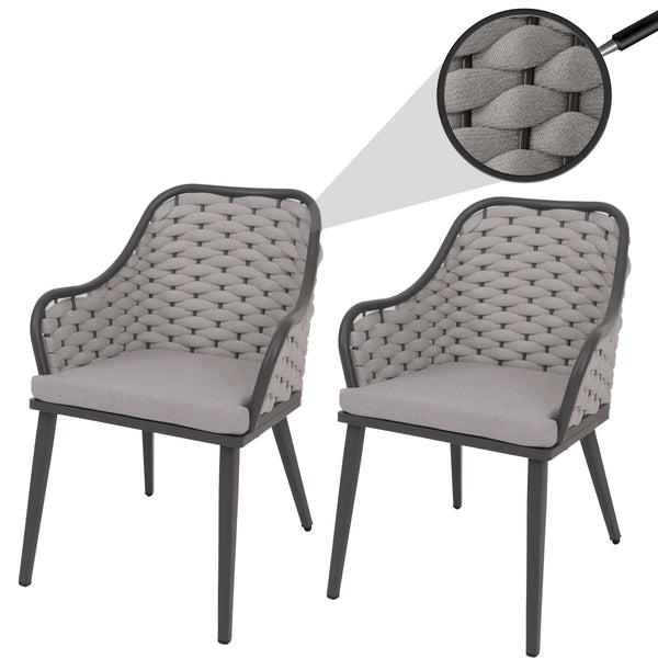 2er-Set Aluminium-Gartenstuhl mit Seilgeflecht Kissen hellgrau