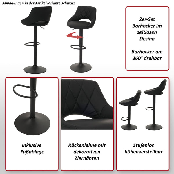 2er-Set Barhocker drehbar Kunstleder mit Fussablage schwarz