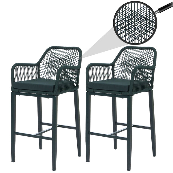2er-Set Barhocker Outdoor mit Sitzpolster Seilgeflecht grün