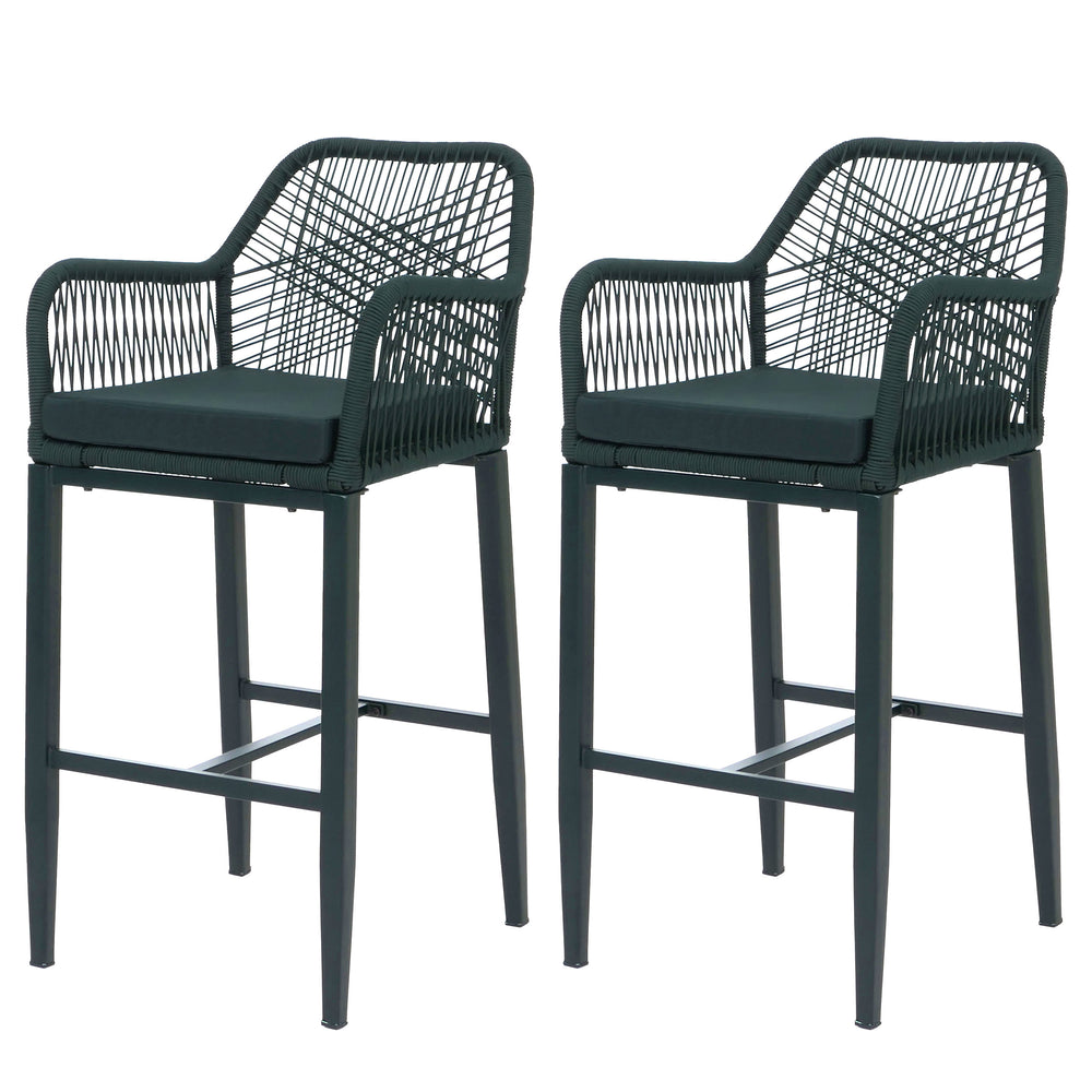 2er-Set Barhocker Outdoor mit Sitzpolster Seilgeflecht grün