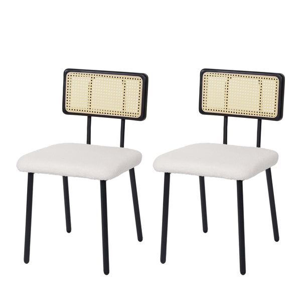 2er-Set Esszimmerstühle Bouclé Holz Metall Poly-Rattan weiss