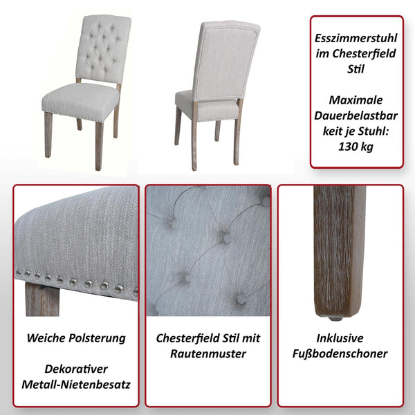 2er-Set Esszimmer Polsterstuhl Chesterfield Stoff hellgrau