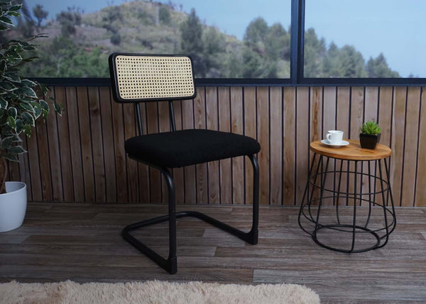 2er-Set Freischwinger Stühle Holz Rattan Bouclé Stoff schwarz