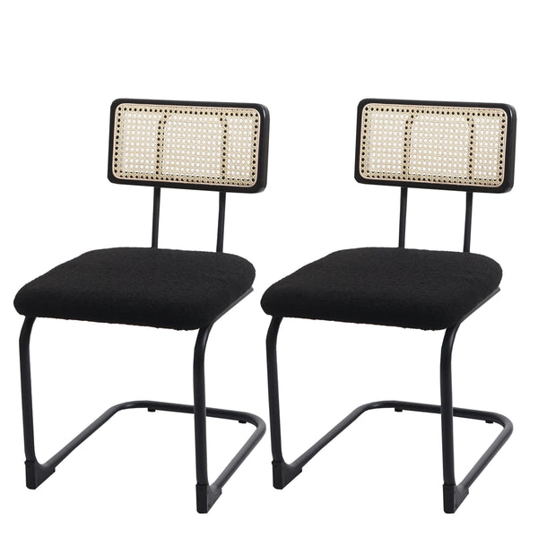 2er-Set Freischwinger Stühle Holz Rattan Bouclé Stoff schwarz