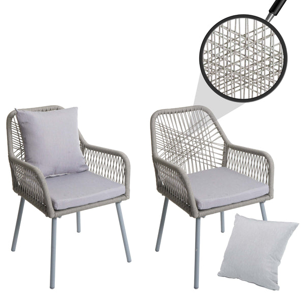 2er-Set Gartenstühle Outdoor Aluminium Seilgeflecht Polster grau