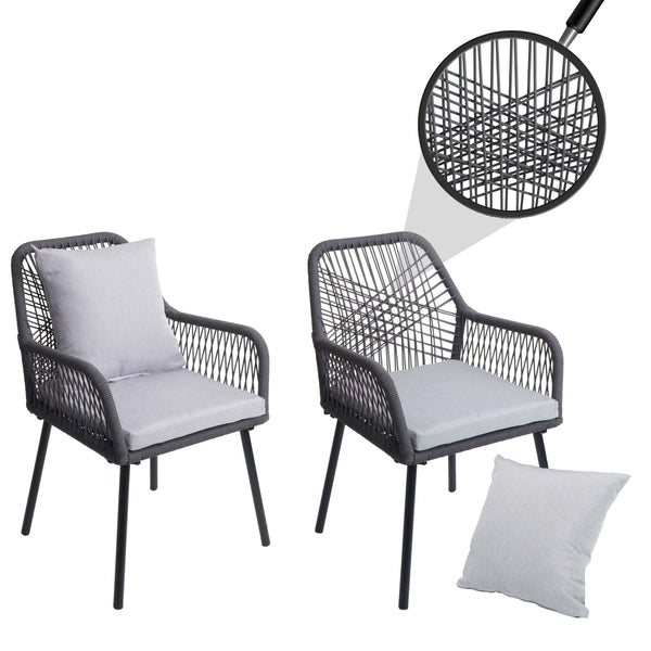2er-Set Gartenstuhl Outdoor Aluminium Seilgeflecht Polster anthrazit grau
