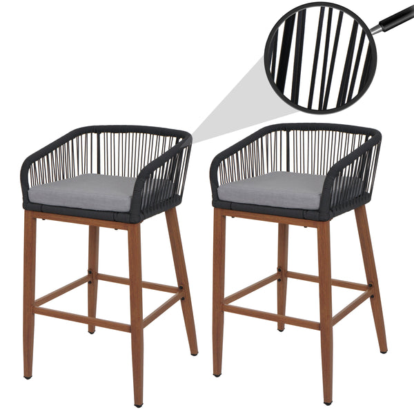 2er-Set Outdoor Barhocker Seilgeflecht Metall Holzoptik anthrazit