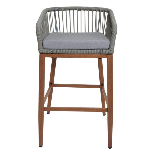 2er-Set Outdoor Barhocker Seilgeflecht Metall Holzoptik hellgrau