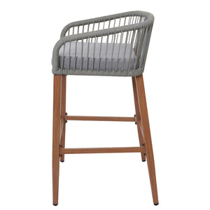 2er-Set Outdoor Barhocker Seilgeflecht Metall Holzoptik hellgrau