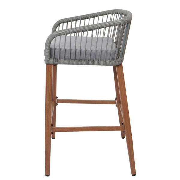 2er-Set Outdoor Barhocker Seilgeflecht Metall Holzoptik hellgrau