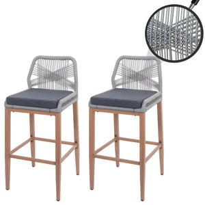2er-Set Outdoor Barhocker Seilgeflecht Metall Holz-Optik hellgrau