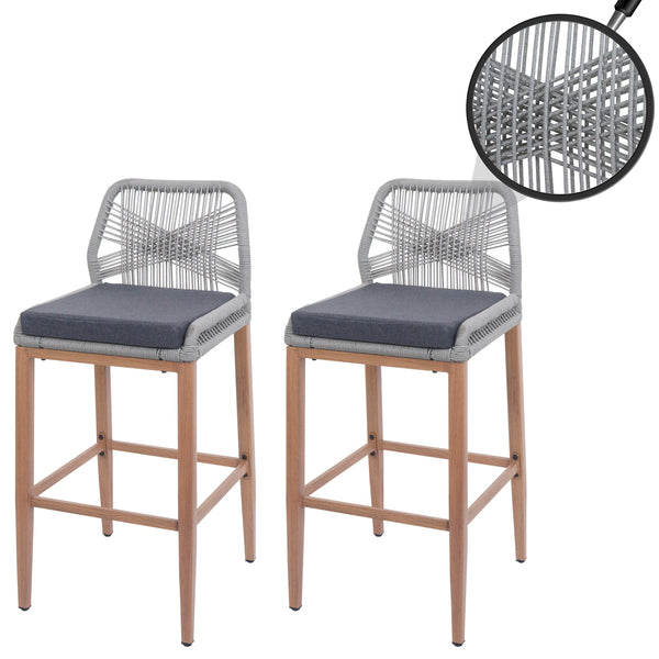 2er-Set Outdoor Barhocker Seilgeflecht Metall Holz-Optik hellgrau