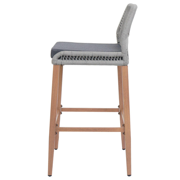 2er-Set Outdoor Barhocker Seilgeflecht Metall Holz-Optik hellgrau